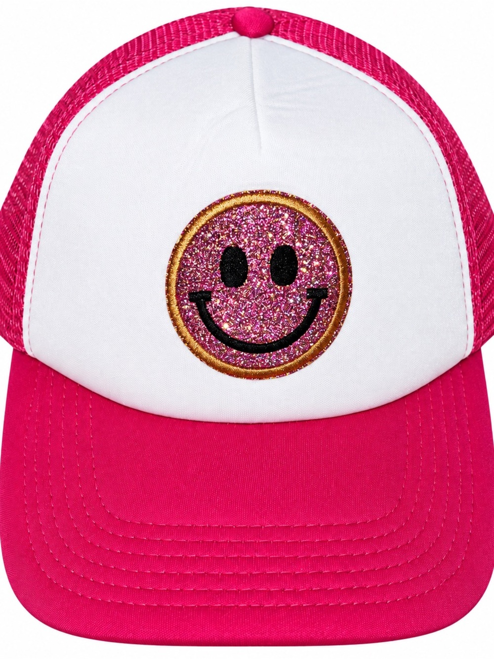 Pink Glitter Smiley Face Trucker Hat Mesh Snapback Y2K Cute Retro One Size